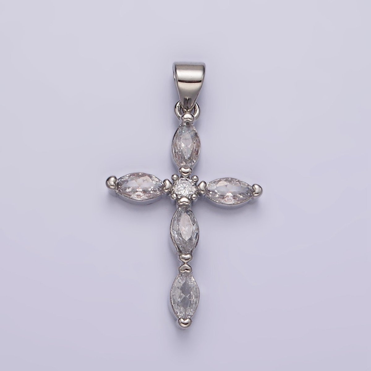 Rhodium Plated Clear Marquise Lined Religious Cross Pendant | AA1103 - DLUXCA