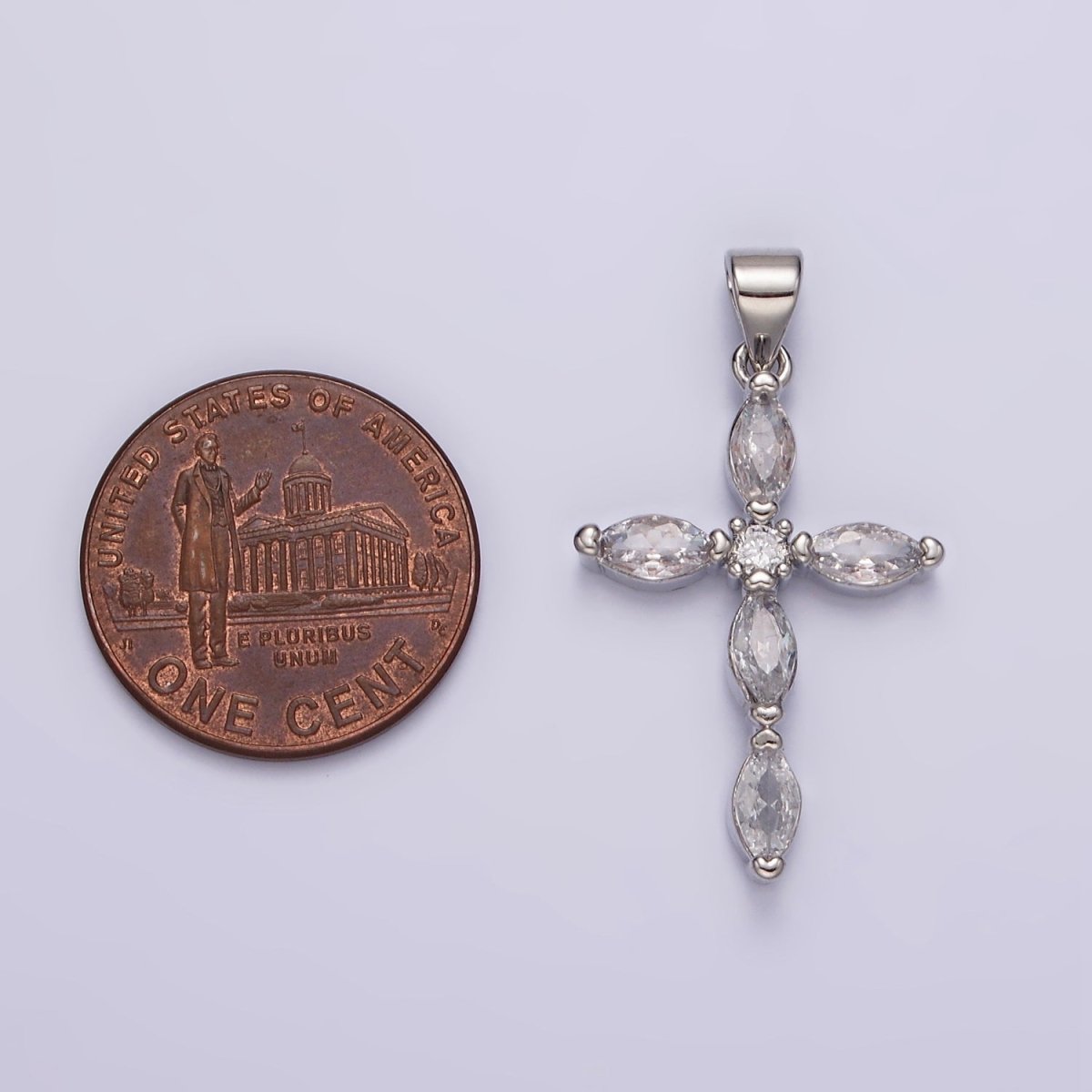 Rhodium Plated Clear Marquise Lined Religious Cross Pendant | AA1103 - DLUXCA