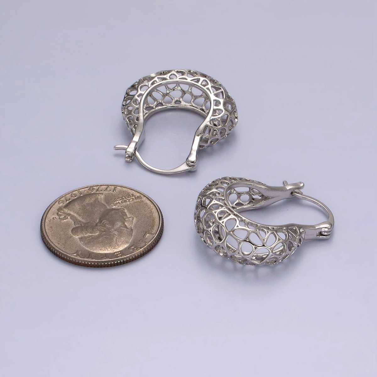 Rhodium Plated Geometric Filigree Open Dome French Lock Latch Hoop Earrings | AE206 - DLUXCA