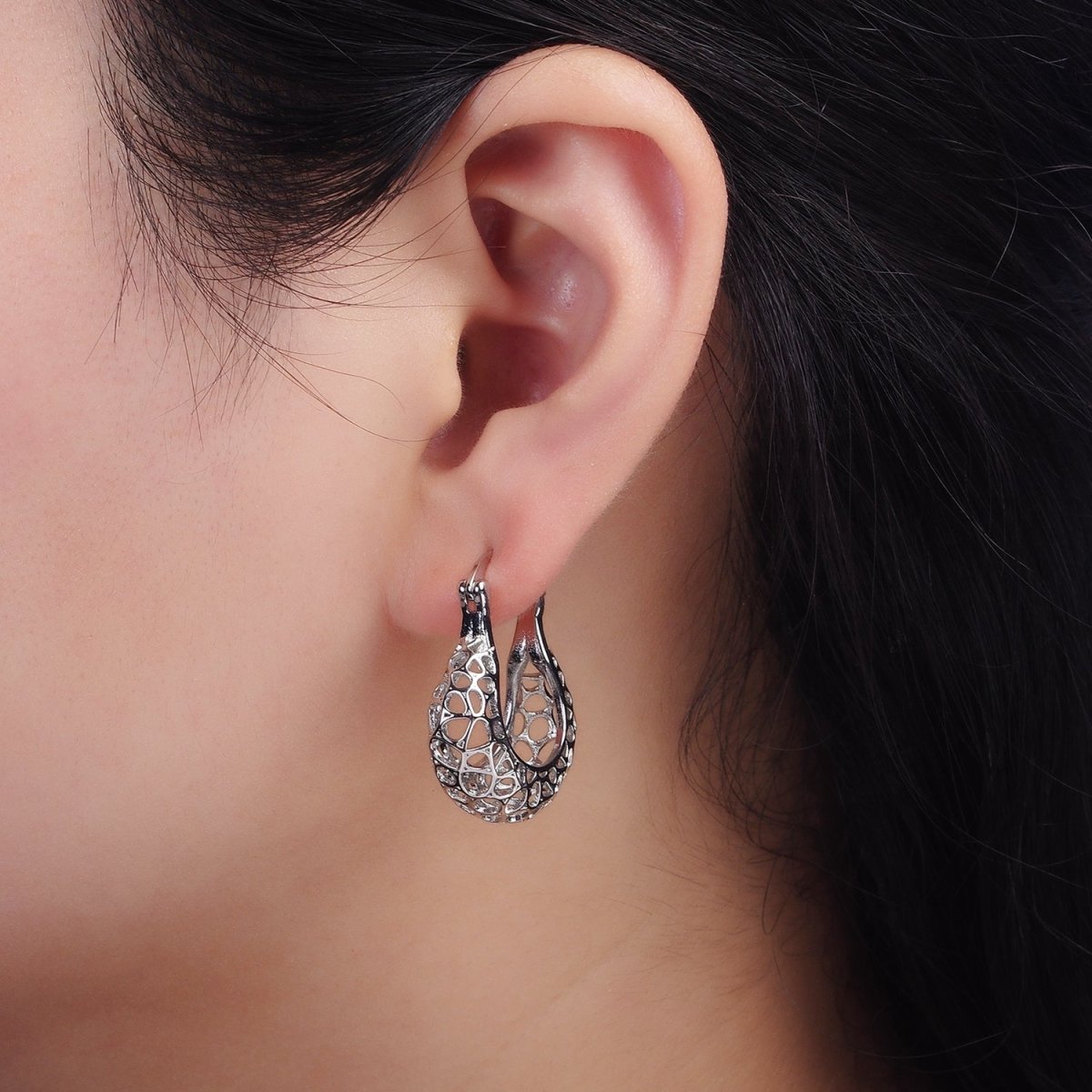 Rhodium Plated Geometric Filigree Open Dome French Lock Latch Hoop Earrings | AE206 - DLUXCA