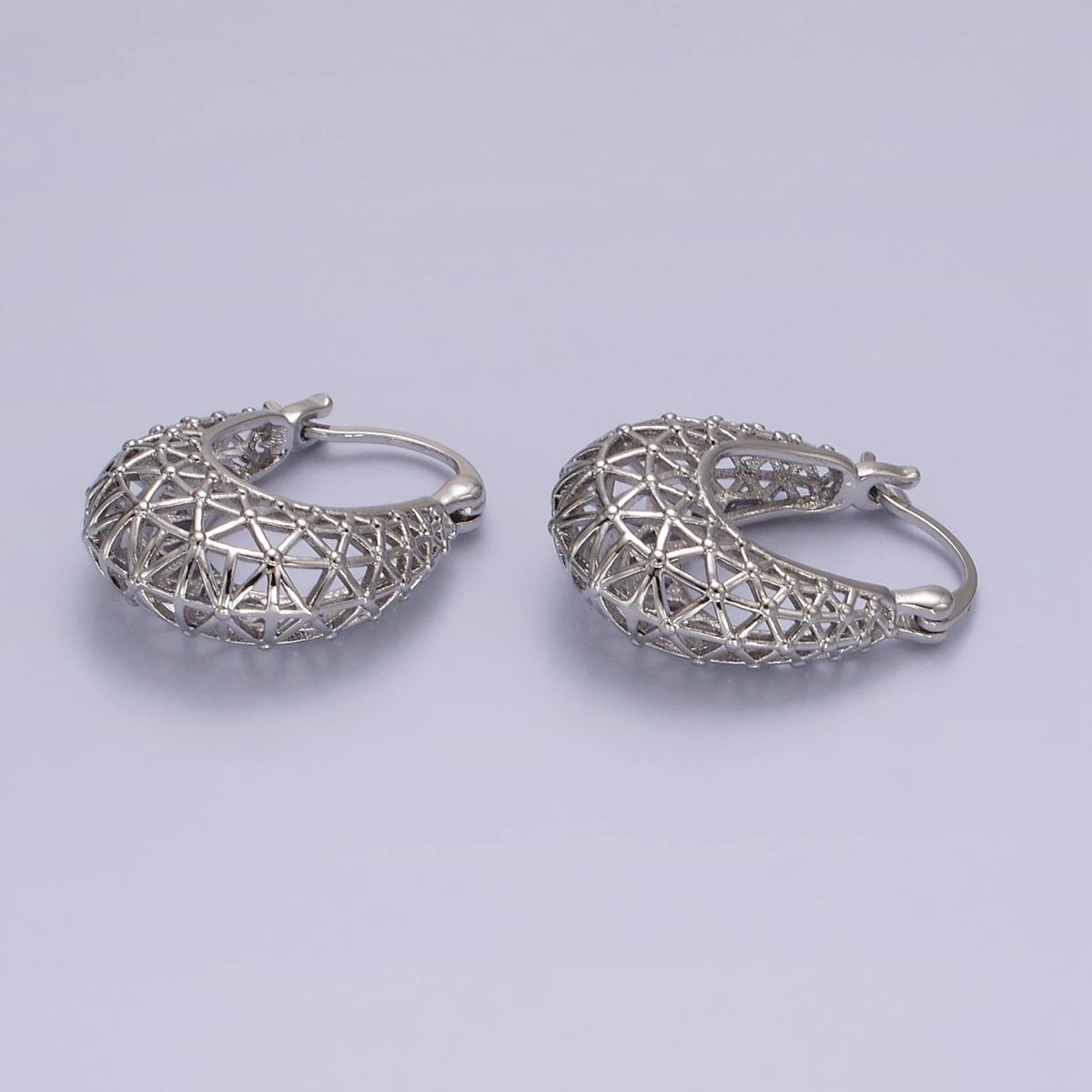 Rhodium Plated Triangle Filigree Open Dome French Lock Latch Hoop Earrings | AE207 - DLUXCA