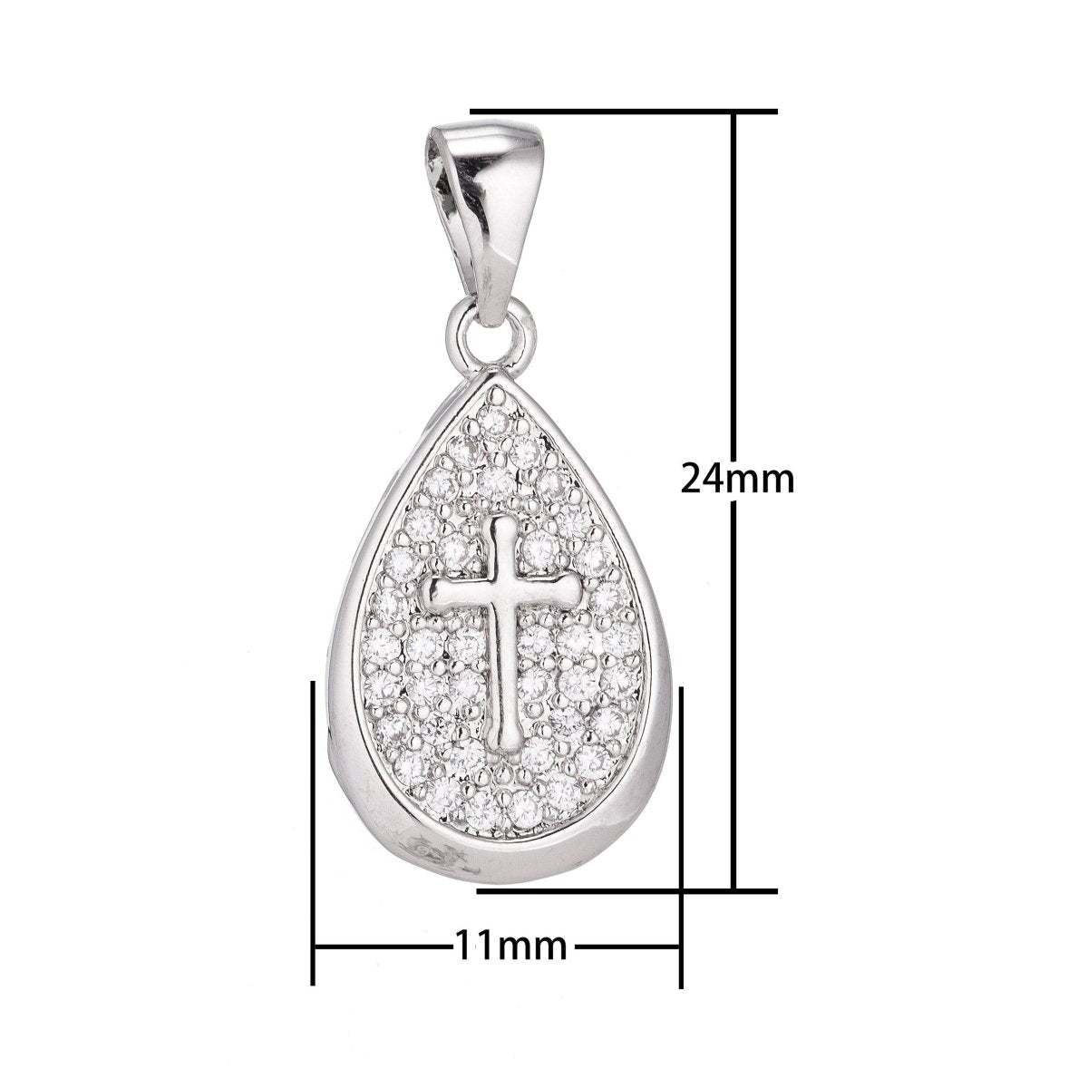 Rhodium Tear with Cross, Religious Gift, Cubic Zirconia Necklace Pendant Charm Bead Bails Findings for Jewelry Making I-003 - DLUXCA