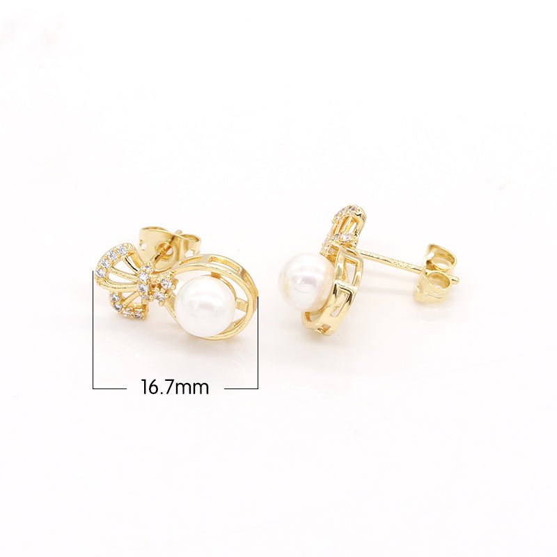Ribbon Bundle Oval Studs Earring CZ Geometric Shape Faux Pearl Micro Pave Golden Earring Jewelry GP-756 - DLUXCA