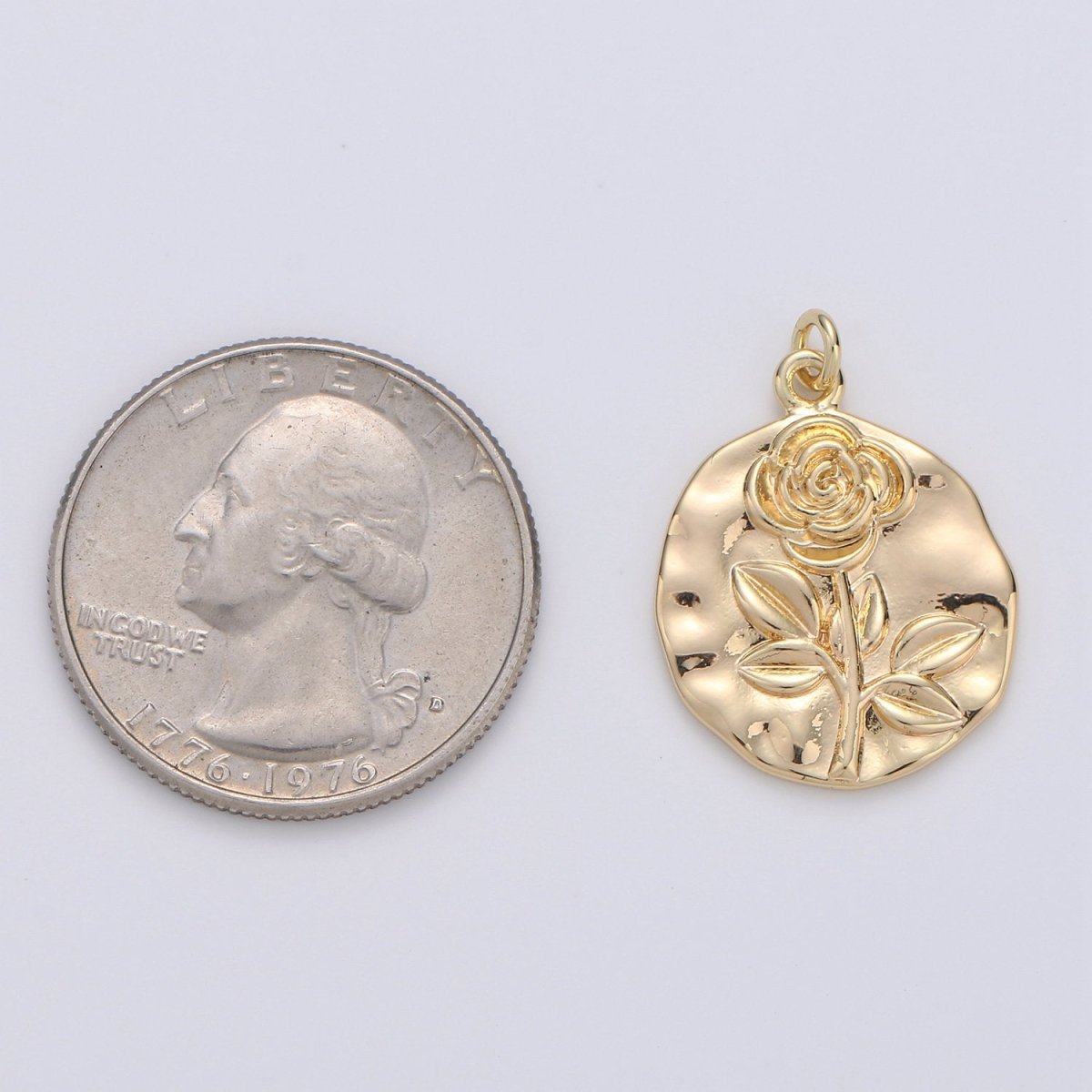 Rose Coin Pendant - 25x19mm Charm, Flower Pendant, Gold Plated Charm, Nature Charm, Gold Disc, Gold Medallion, Flower Coin Charm - DLUXCA