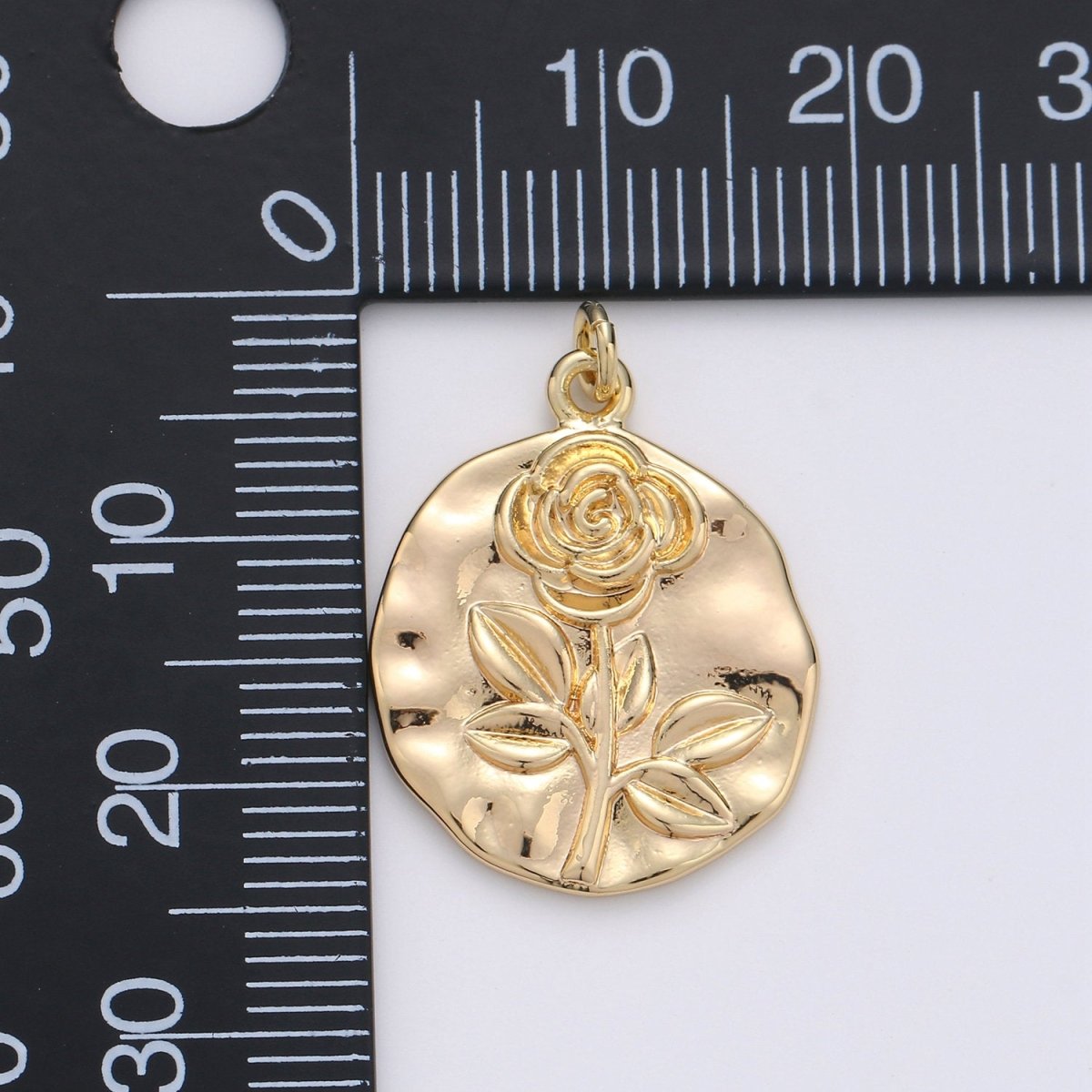 Rose Coin Pendant - 25x19mm Charm, Flower Pendant, Gold Plated Charm, Nature Charm, Gold Disc, Gold Medallion, Flower Coin Charm - DLUXCA
