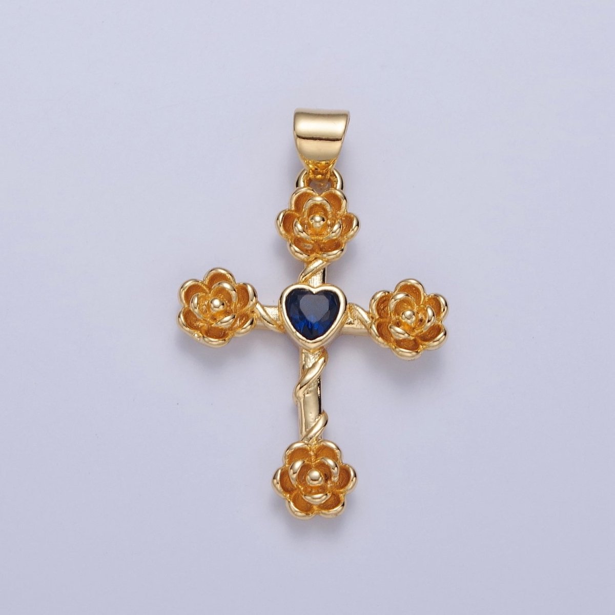 Rose Cross Pendant with Heart CZ 24K Gold Filled Roses Crucifix Charm J-646 J-658 J-665 J-668 J-676 J-677 J-681 J-682 J-685 J-687 J-691 - DLUXCA