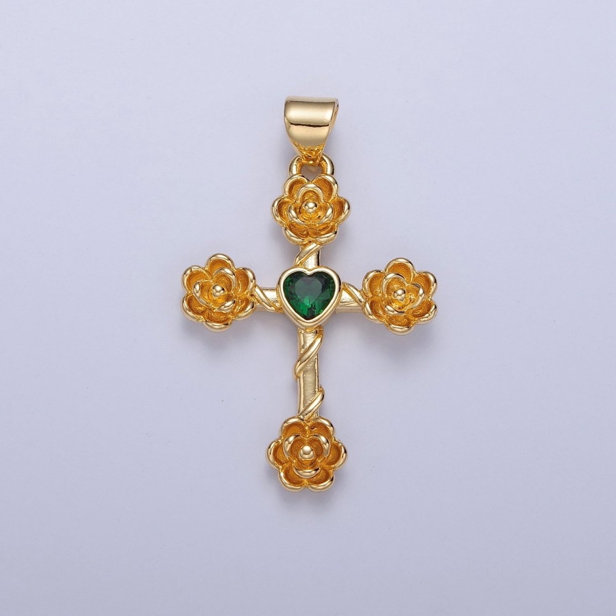 Rose Cross Pendant with Heart CZ 24K Gold Filled Roses Crucifix Charm J-646 J-658 J-665 J-668 J-676 J-677 J-681 J-682 J-685 J-687 J-691 - DLUXCA