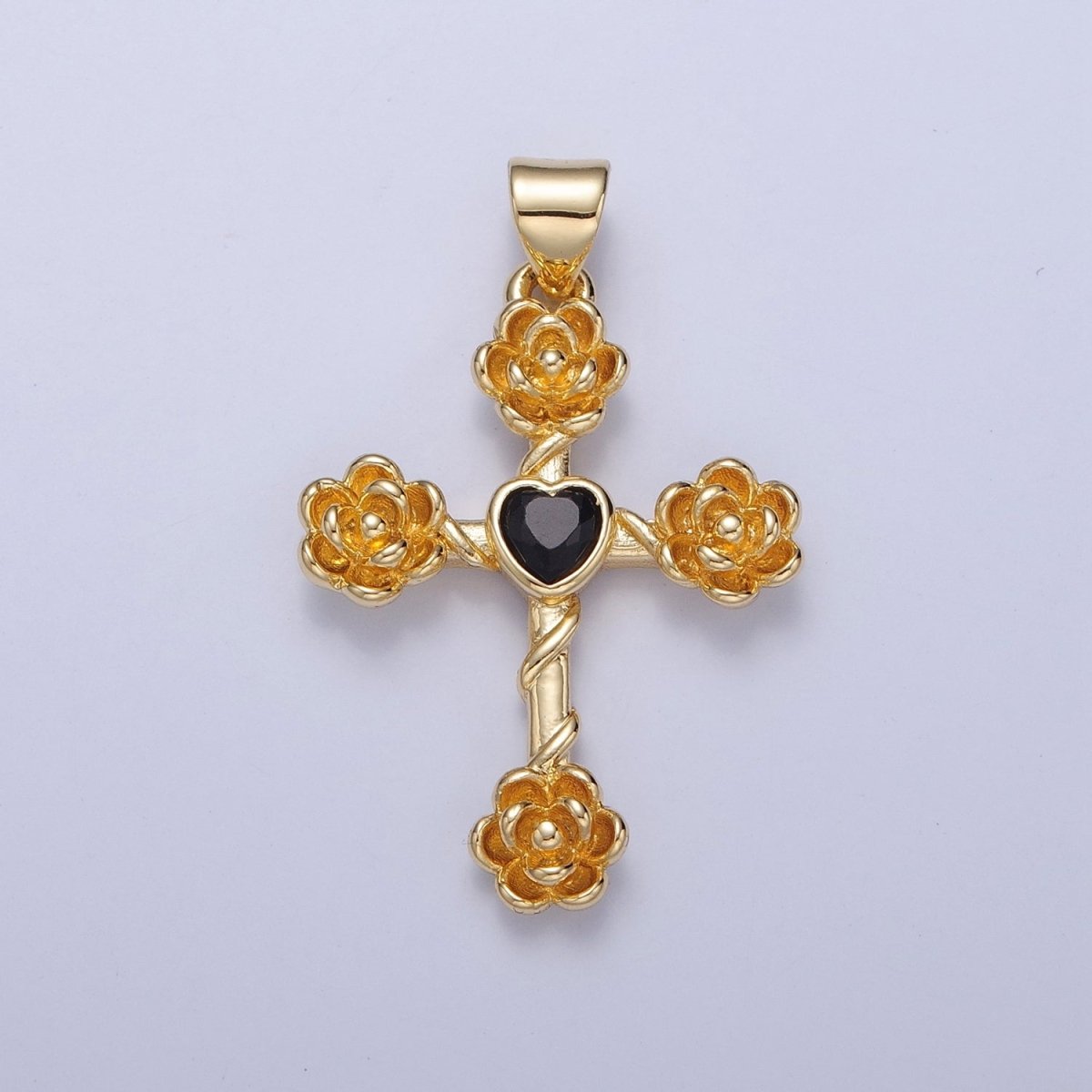 Rose Cross Pendant with Heart CZ 24K Gold Filled Roses Crucifix Charm J-646 J-658 J-665 J-668 J-676 J-677 J-681 J-682 J-685 J-687 J-691 - DLUXCA