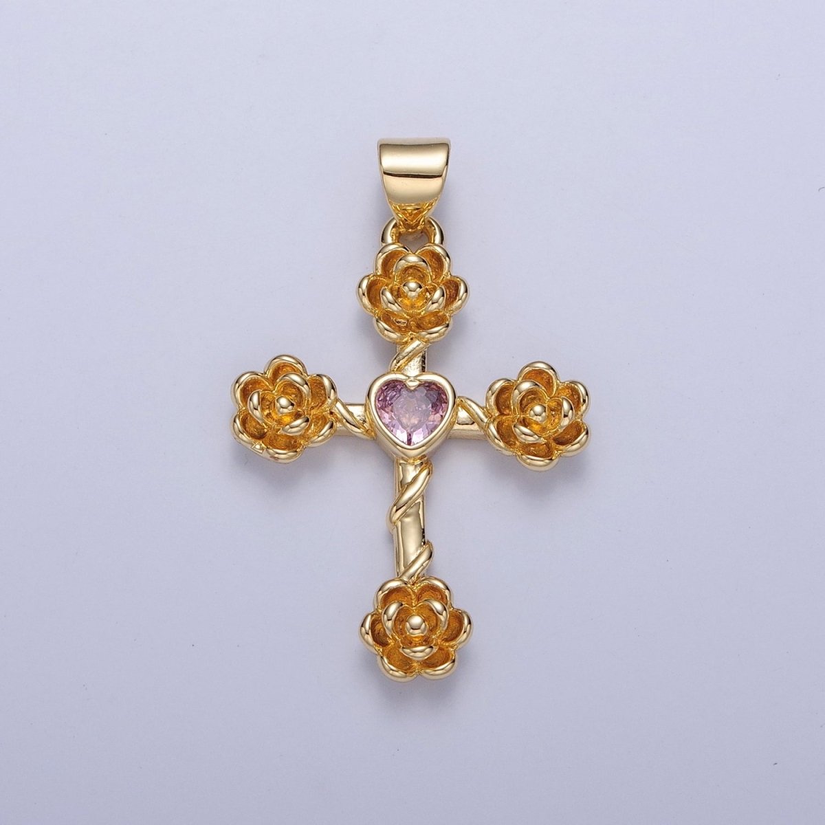 Rose Cross Pendant with Heart CZ 24K Gold Filled Roses Crucifix Charm J-646 J-658 J-665 J-668 J-676 J-677 J-681 J-682 J-685 J-687 J-691 - DLUXCA