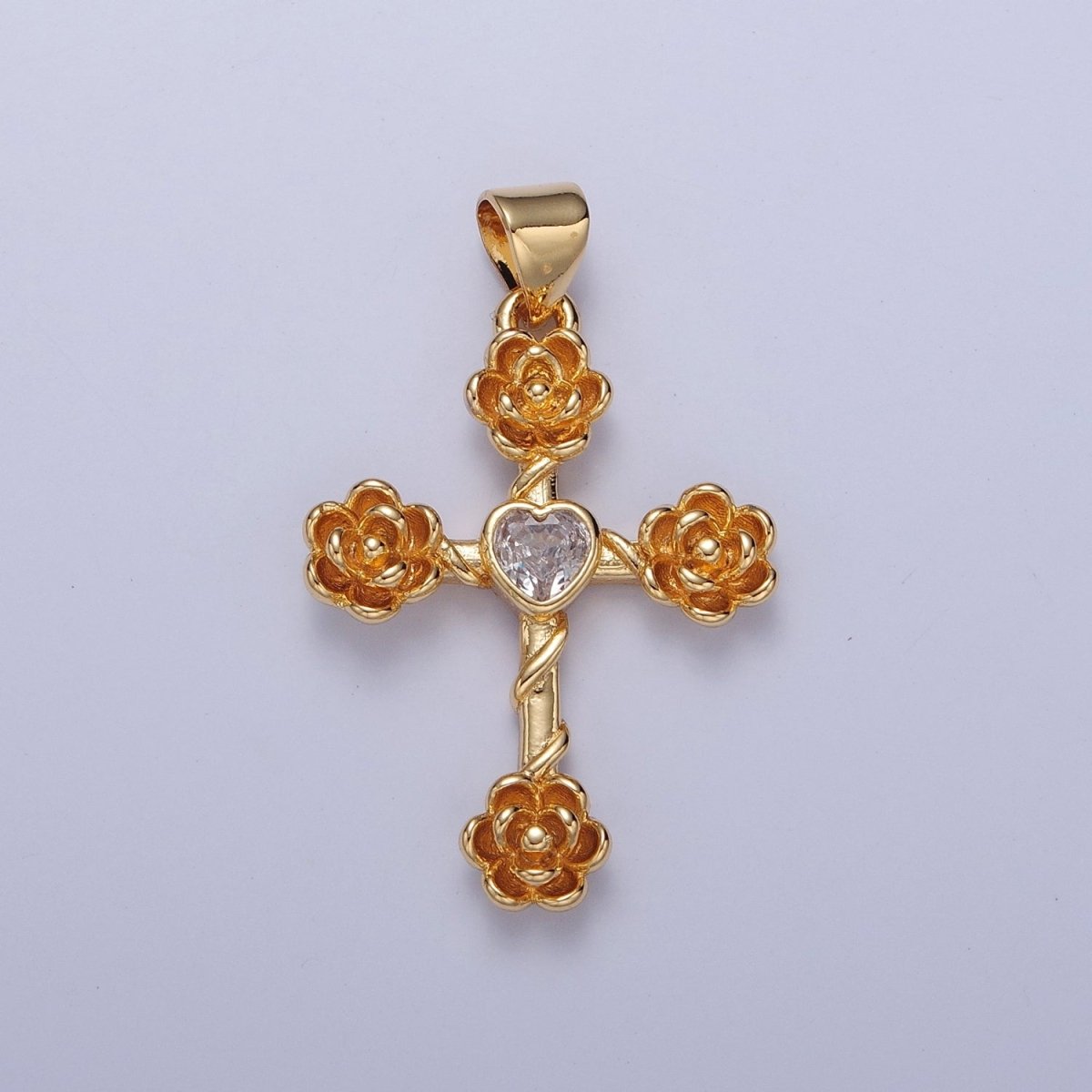 Rose Cross Pendant with Heart CZ 24K Gold Filled Roses Crucifix Charm J-646 J-658 J-665 J-668 J-676 J-677 J-681 J-682 J-685 J-687 J-691 - DLUXCA