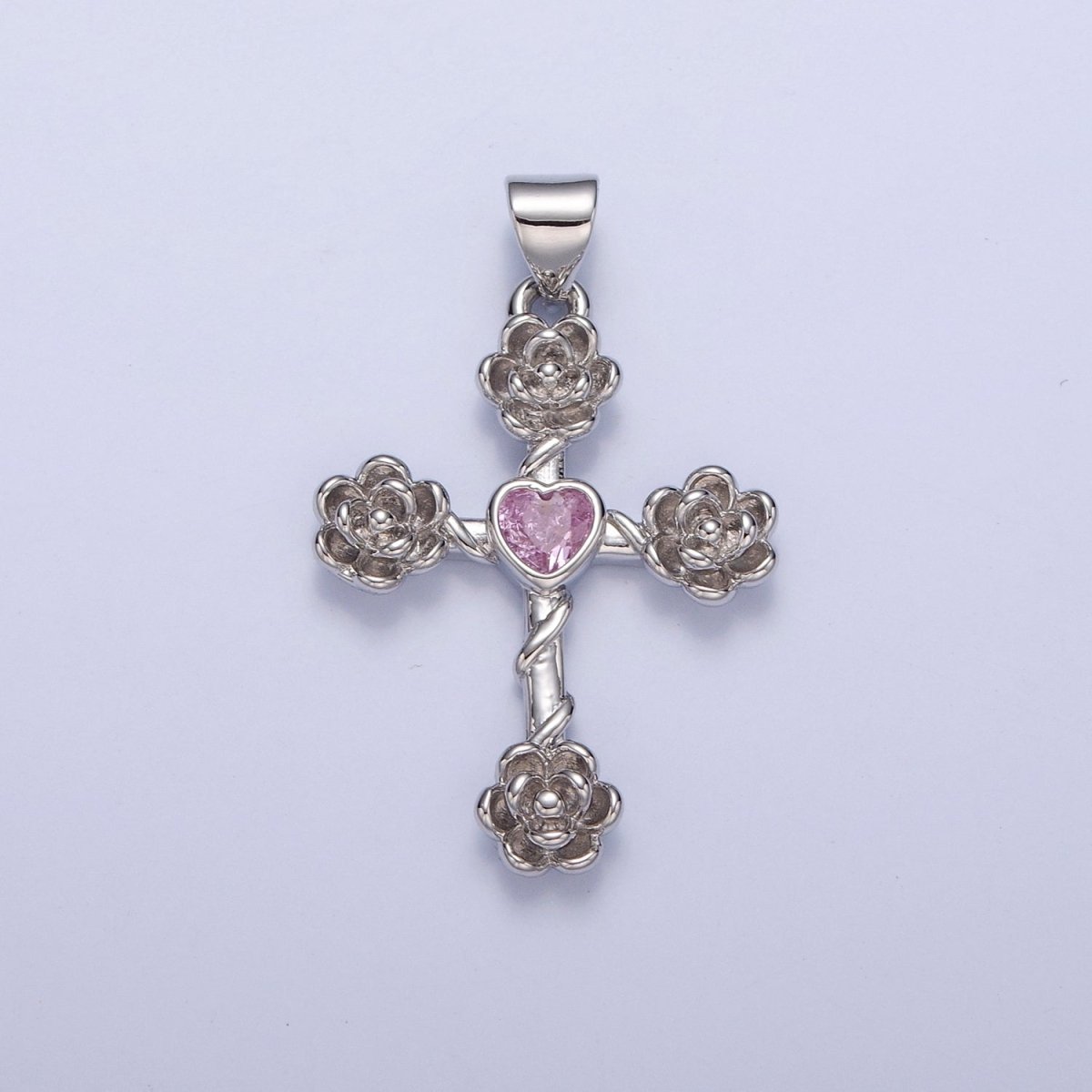 Rose Cross Pendant with Heart CZ 24K Gold Filled Roses Crucifix Charm J-646 J-658 J-665 J-668 J-676 J-677 J-681 J-682 J-685 J-687 J-691 - DLUXCA