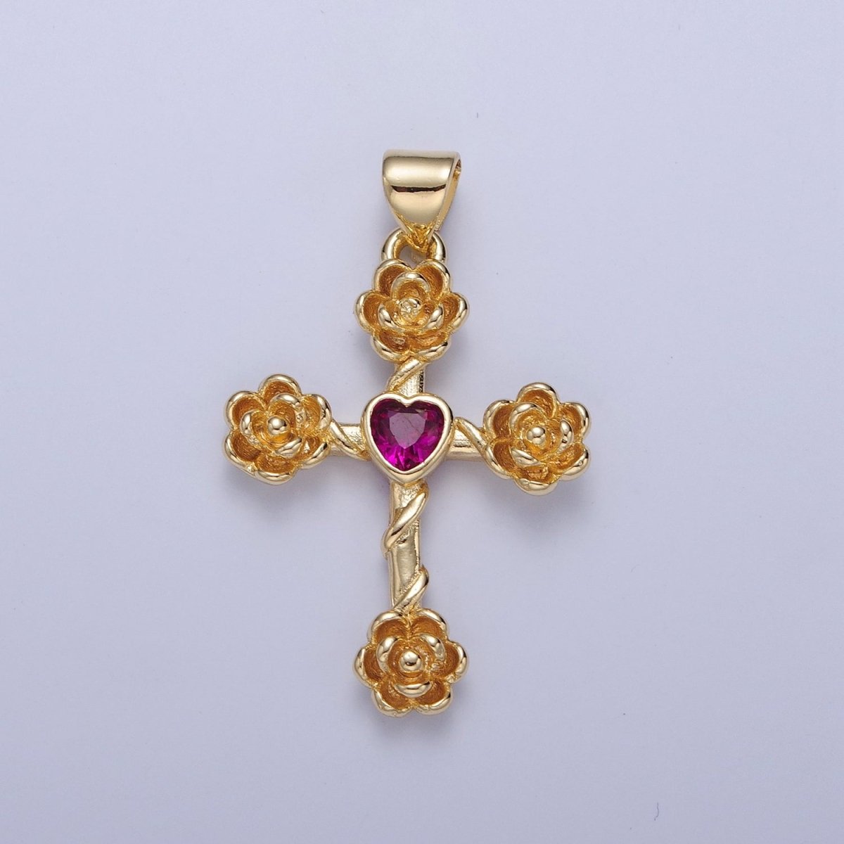 Rose Cross Pendant with Heart CZ 24K Gold Filled Roses Crucifix Charm J-646 J-658 J-665 J-668 J-676 J-677 J-681 J-682 J-685 J-687 J-691 - DLUXCA