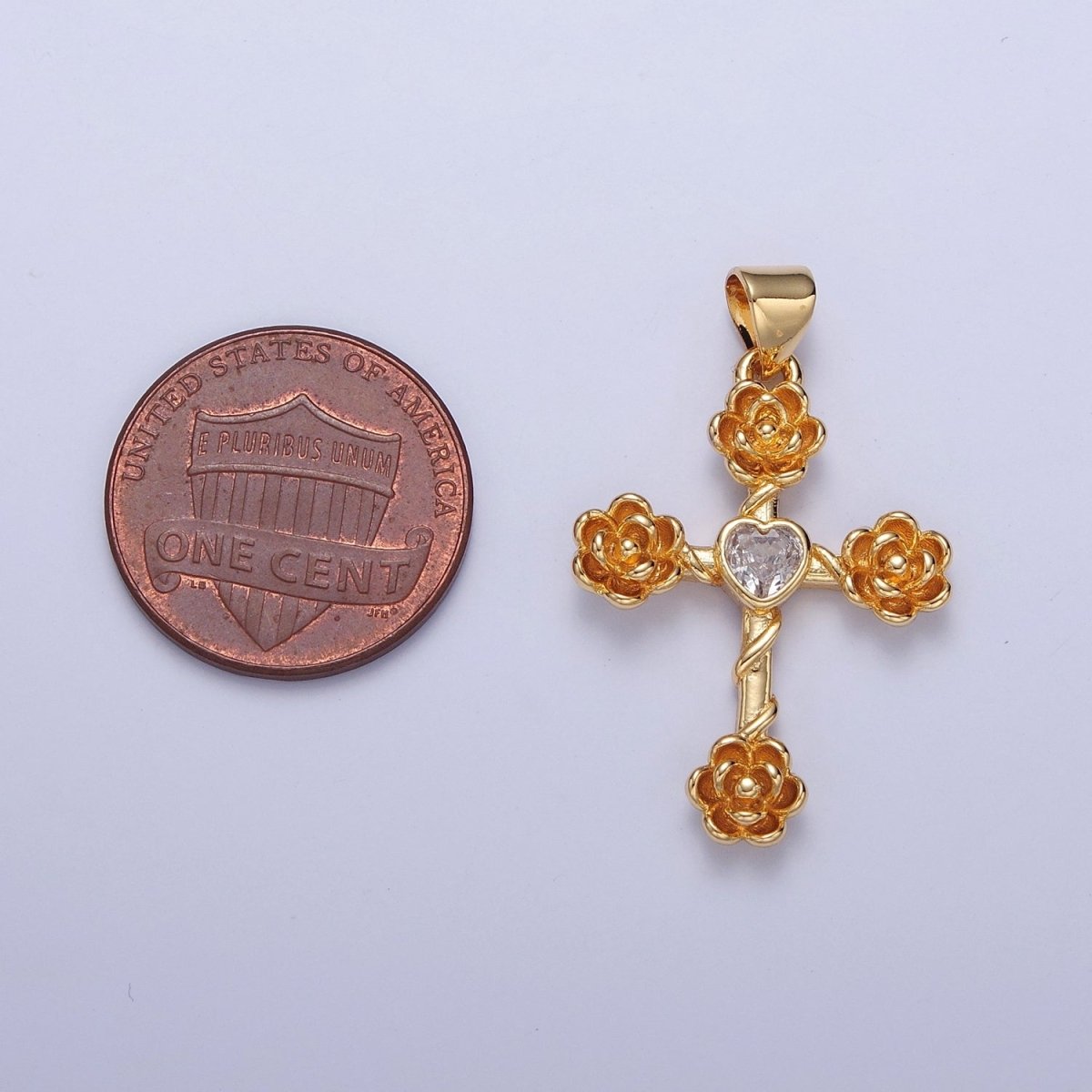 Rose Cross Pendant with Heart CZ 24K Gold Filled Roses Crucifix Charm J-646 J-658 J-665 J-668 J-676 J-677 J-681 J-682 J-685 J-687 J-691 - DLUXCA