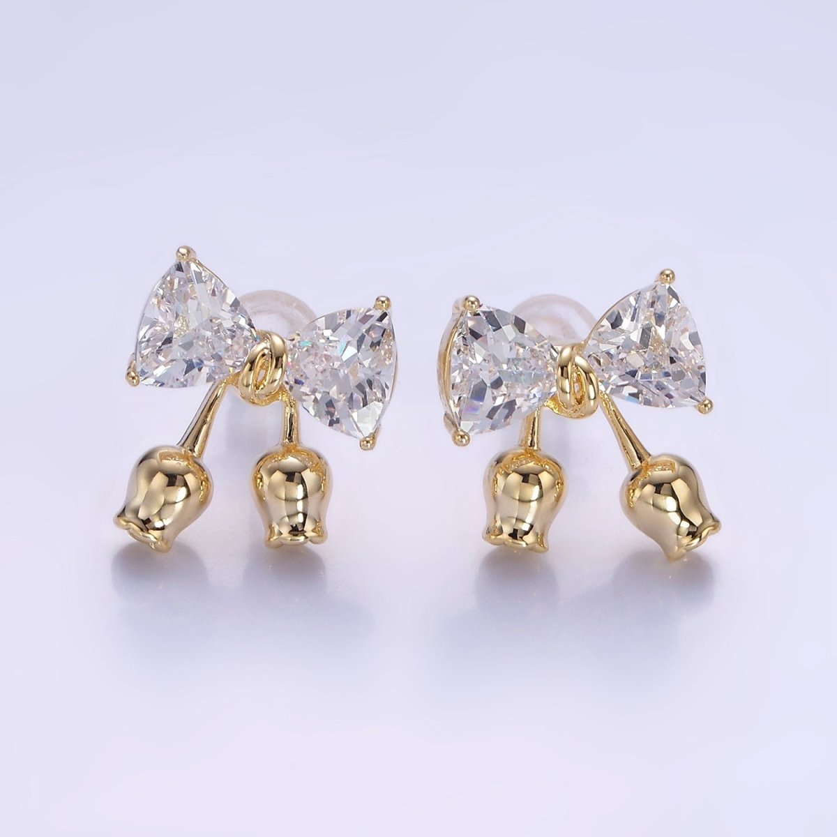 Rose Flower Ribbon Bow CZ Stud Earrings in Gold & Silver | V530 V531 - DLUXCA