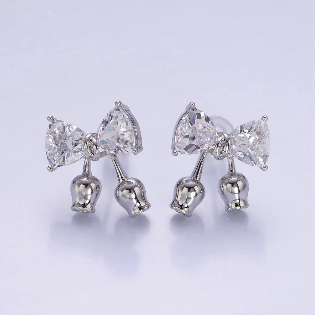 Rose Flower Ribbon Bow CZ Stud Earrings in Gold & Silver | V530 V531 - DLUXCA