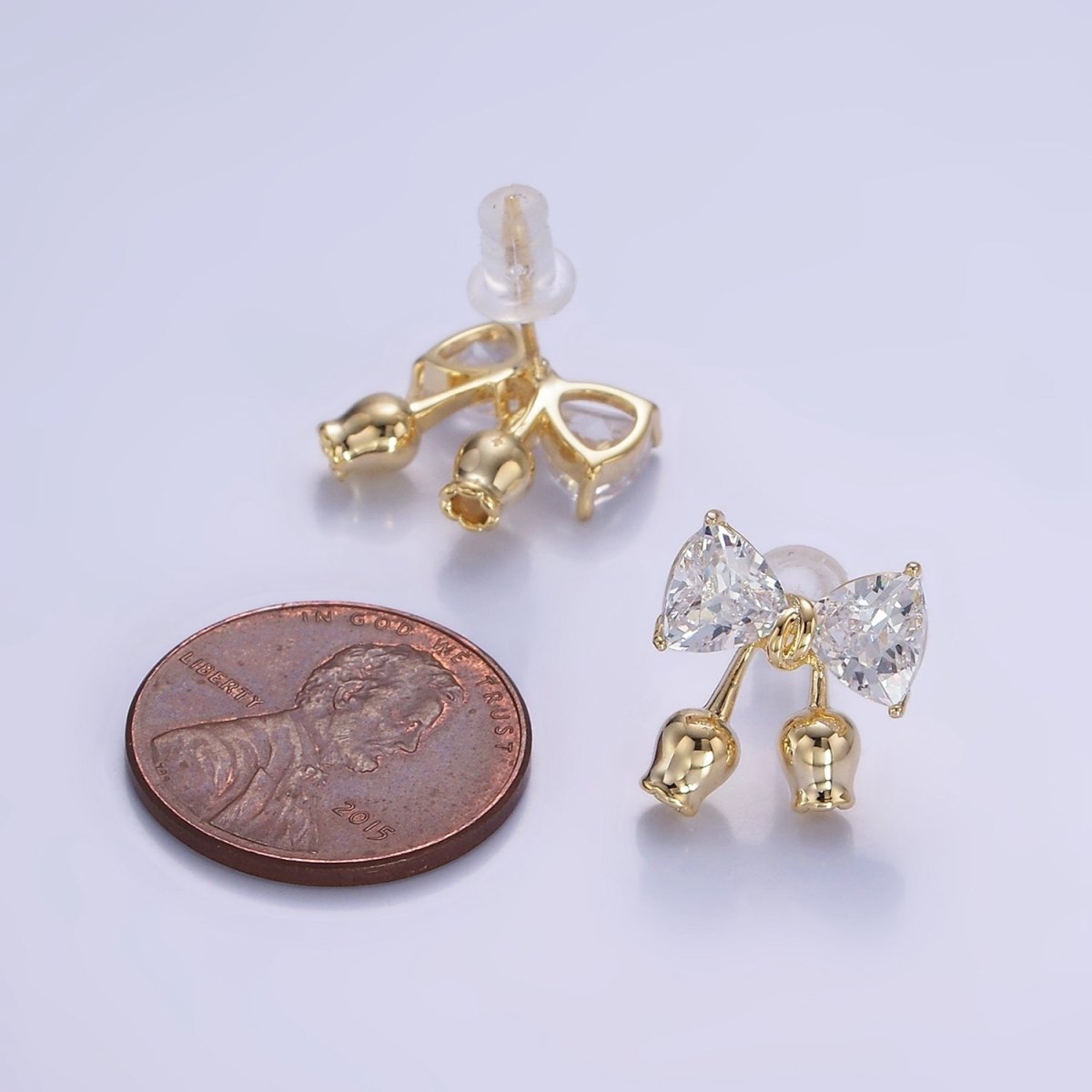 Rose Flower Ribbon Bow CZ Stud Earrings in Gold & Silver | V530 V531 - DLUXCA