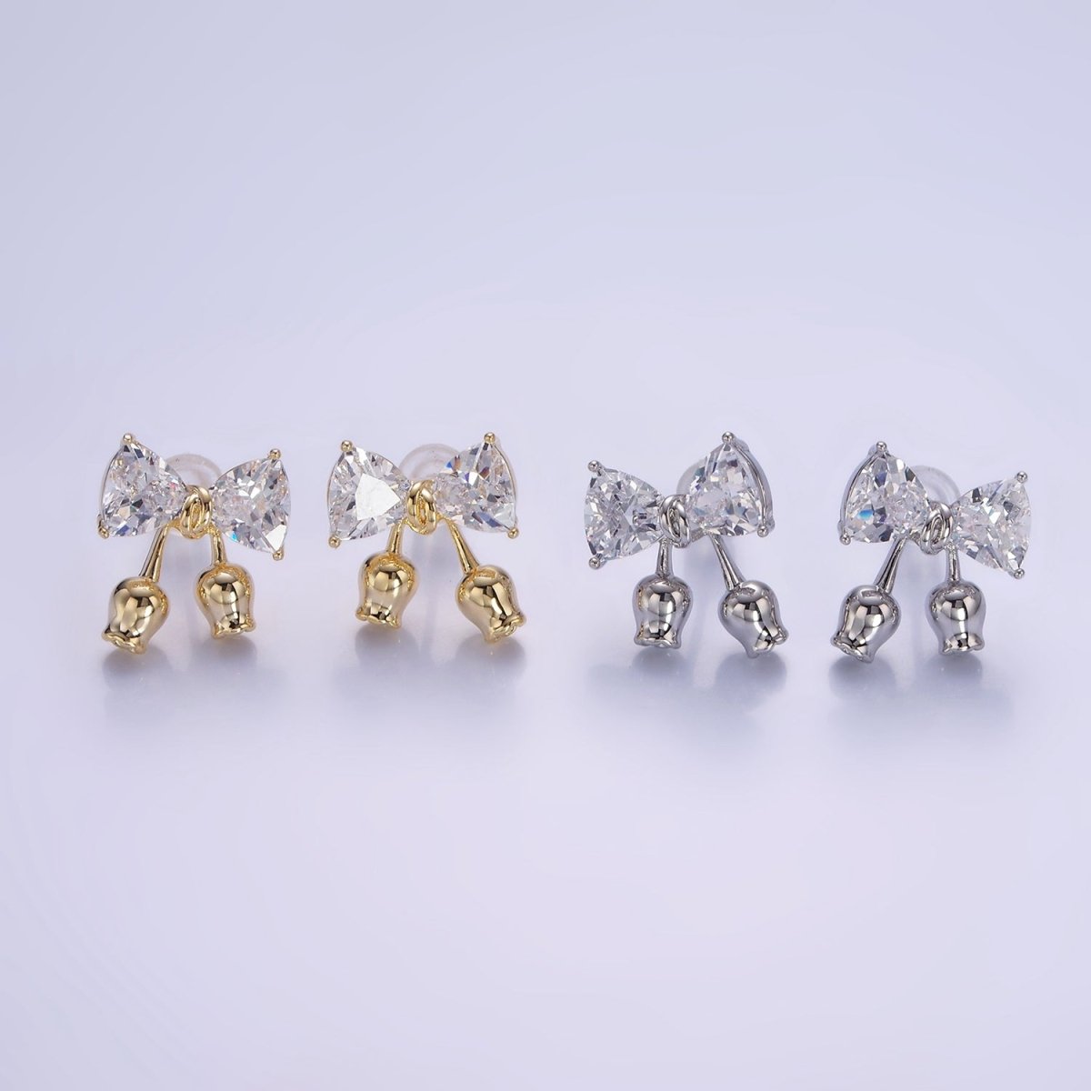 Rose Flower Ribbon Bow CZ Stud Earrings in Gold & Silver | V530 V531 - DLUXCA