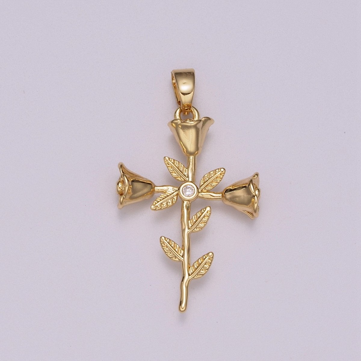 Rose Flowers and Leaves Crucifix Cross Charm 18K Gold Filled Pendant for Necklace Bracelet Earring N-1426 - DLUXCA
