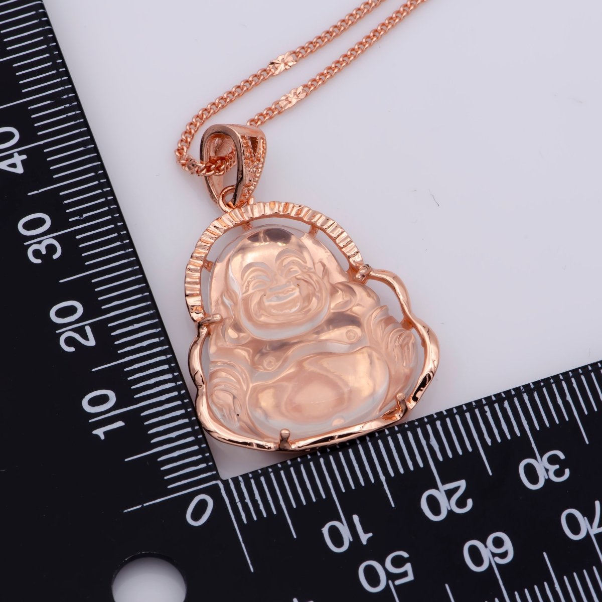 Rose Gold Buddha Necklace Pink Clear Laughing Buddha Necklace 18.5 Inch long Ready to Wear for Statement Jewelry O-247 - DLUXCA