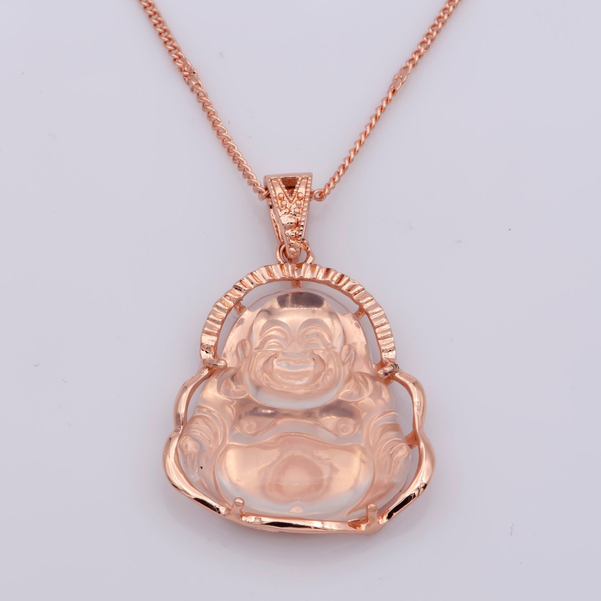 Rose Gold Buddha Necklace Pink Clear Laughing Buddha Necklace 18.5 Inch long Ready to Wear for Statement Jewelry O-247 - DLUXCA