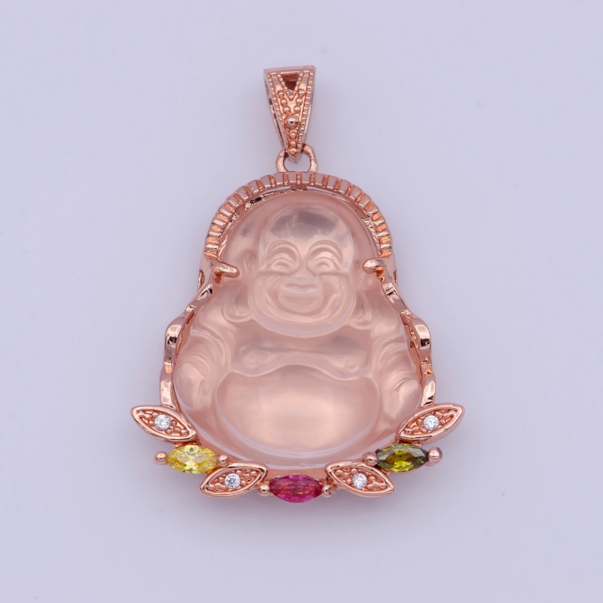 Rose Gold Filled Jade Laughing Buddha with Marquise Cubic Zirconia Pendant | X-529 - DLUXCA