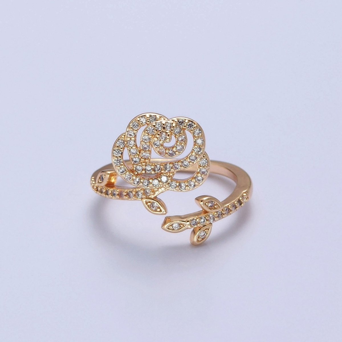 Rose Petal ring Pave Flower jewelry Gold floral ring Romantic ring O-2255 - DLUXCA