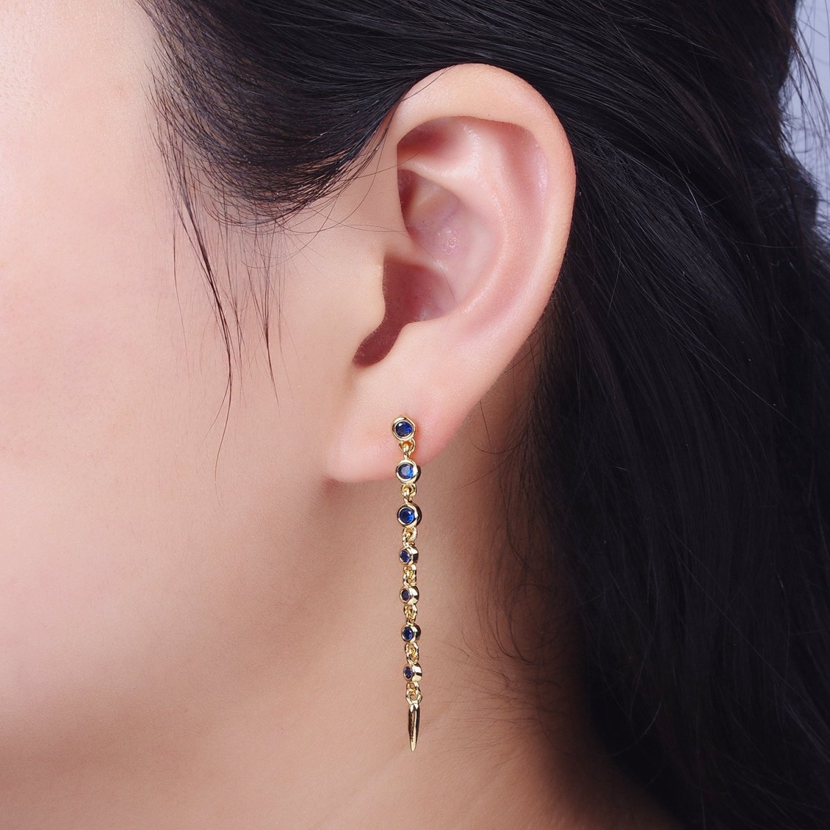 Round Blue CZ Spike Long Linear Drop Gold Earrings | AB006 - DLUXCA