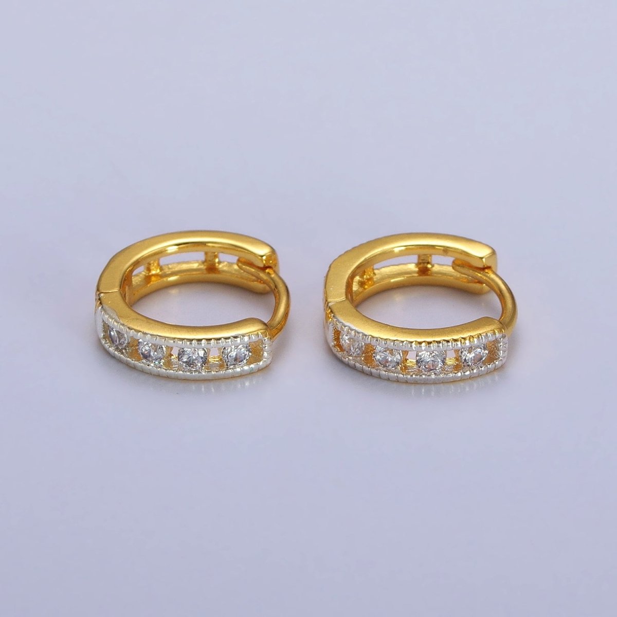 Round Clear CZ Gold, Silver Lined 12mm Huggie Hoop Earrings | AB117 AB118 - DLUXCA