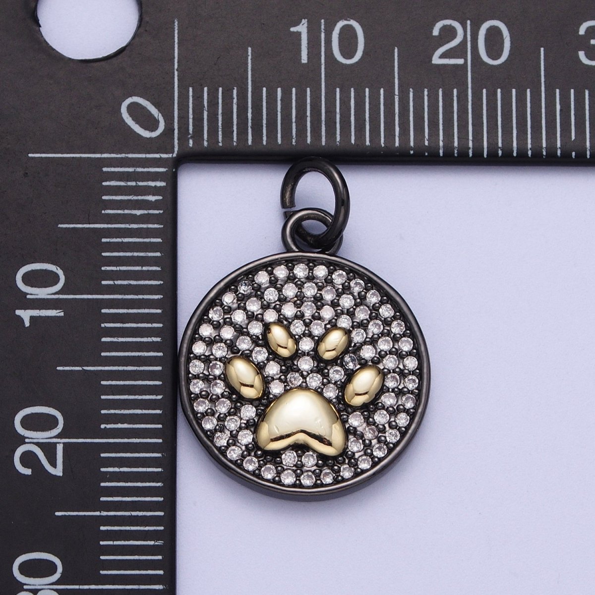 Round Clear Micro Paved CZ Gold Animal Pawprint Black Medallion Charm | X-728 - DLUXCA