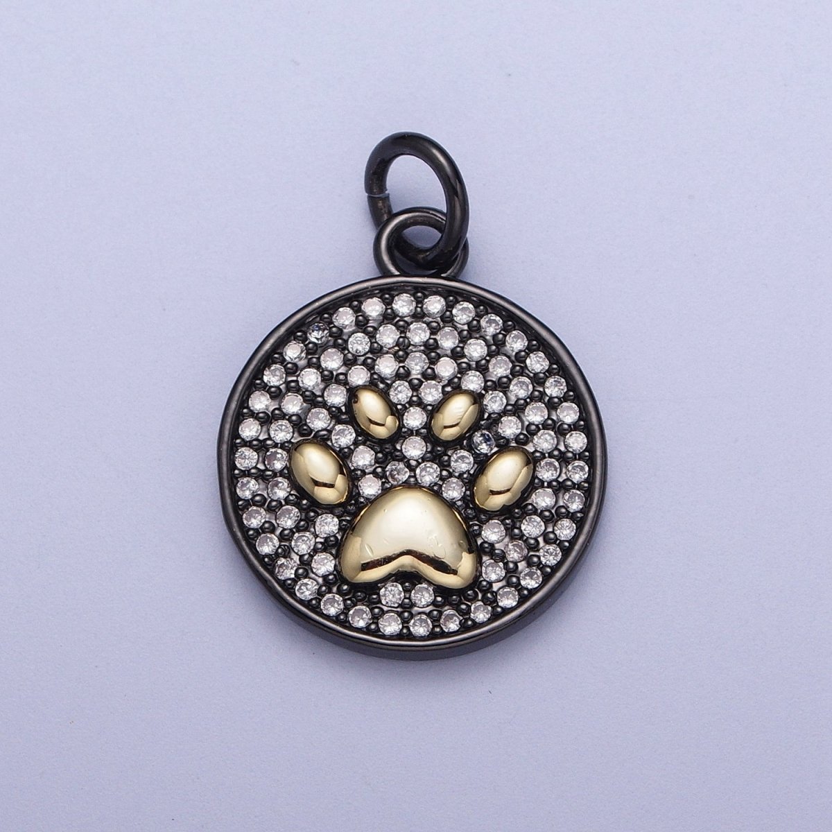 Round Clear Micro Paved CZ Gold Animal Pawprint Black Medallion Charm | X-728 - DLUXCA