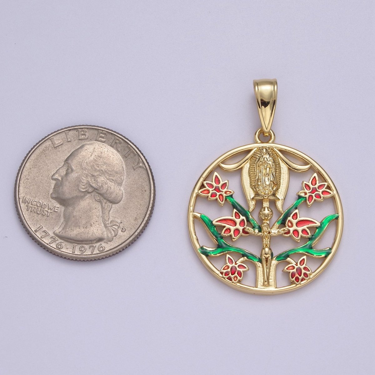 Round Coin Gold Virgin Mary With Green Garden Pink Rose Flower for Necklace Pendant N-615 - DLUXCA