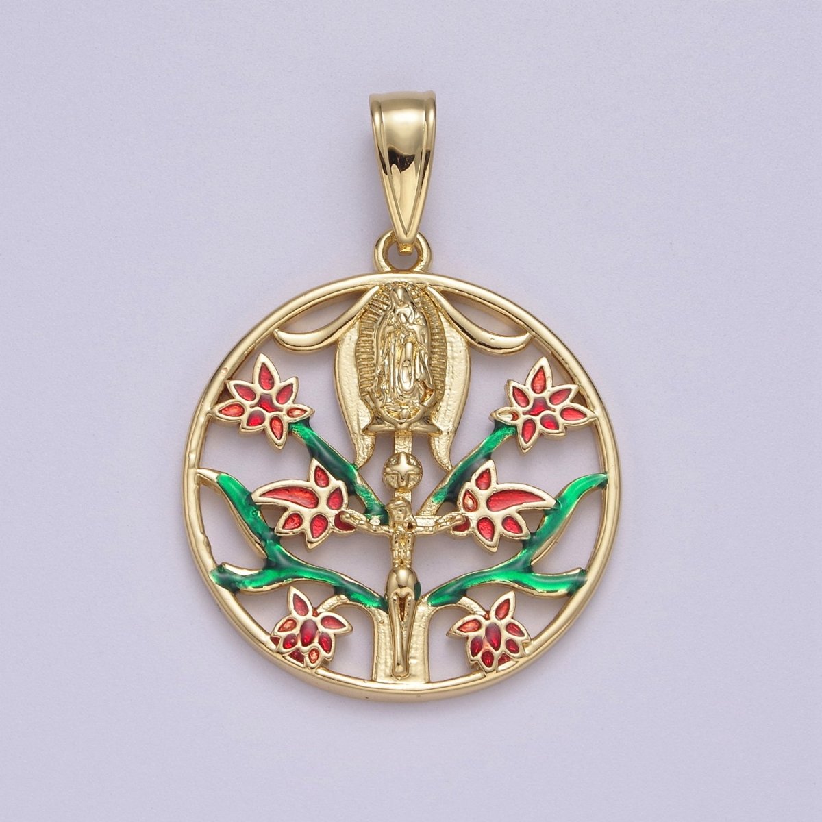 Round Coin Gold Virgin Mary With Green Garden Pink Rose Flower for Necklace Pendant N-615 - DLUXCA