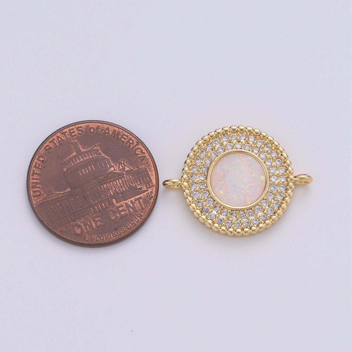 Round cubic with White Opal Charm, Circle Disc Charm Connector, Micro Pave Pink Opal pendant, Dainty Link Connector in 14k Gold Filled F-484 F-486 - DLUXCA