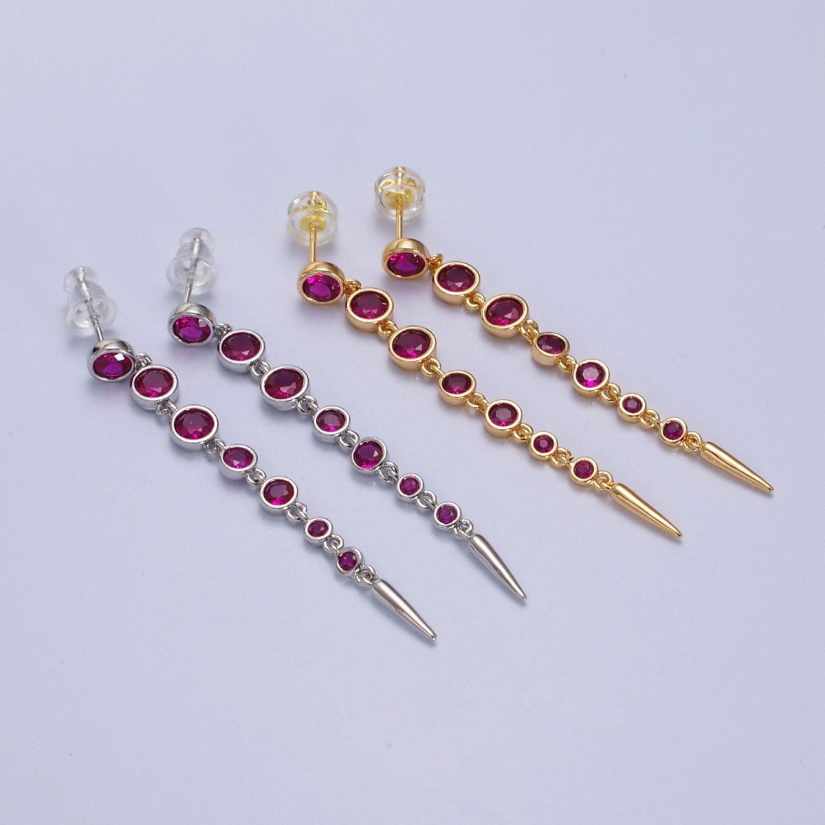 Round Fuchsia CZ Spike Long Linear Drop Earrings in Gold & Silver | AB022 AB023 - DLUXCA