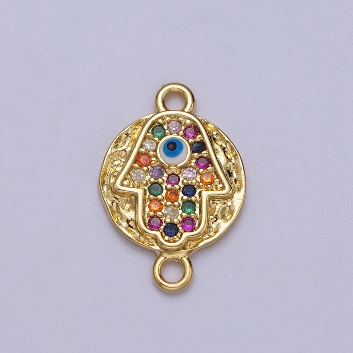 Round Hammered Evil Eye Multicolor Micro Paved CZ Gold Link Connector | Y-669 - DLUXCA