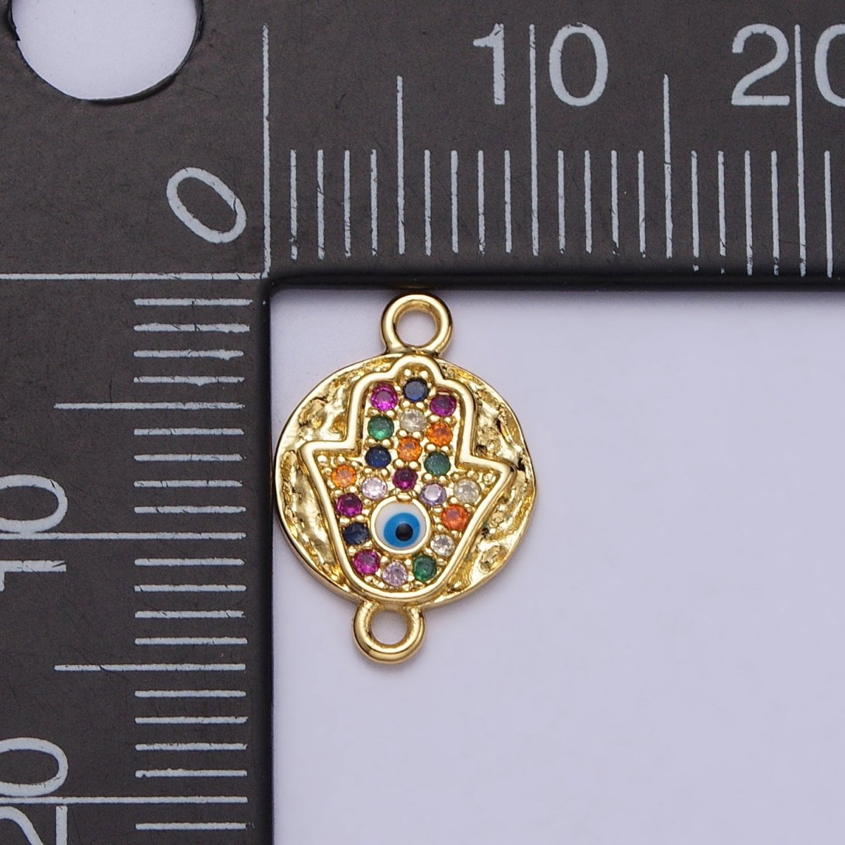 Round Hammered Evil Eye Multicolor Micro Paved CZ Gold Link Connector | Y-669 - DLUXCA
