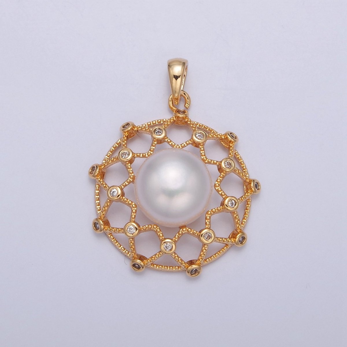 Round Medallion Pave Genuine Shell Pearl Pendant Minimalist Bridal Wedding Jewelry I-044 - DLUXCA