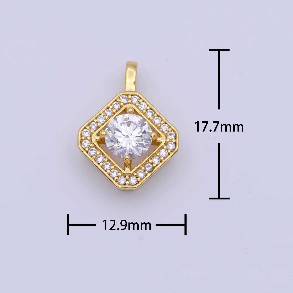 Round Micro Paved Cubic Zirconia Gold Rhombus Pendant For Necklace Making | X-499 - DLUXCA