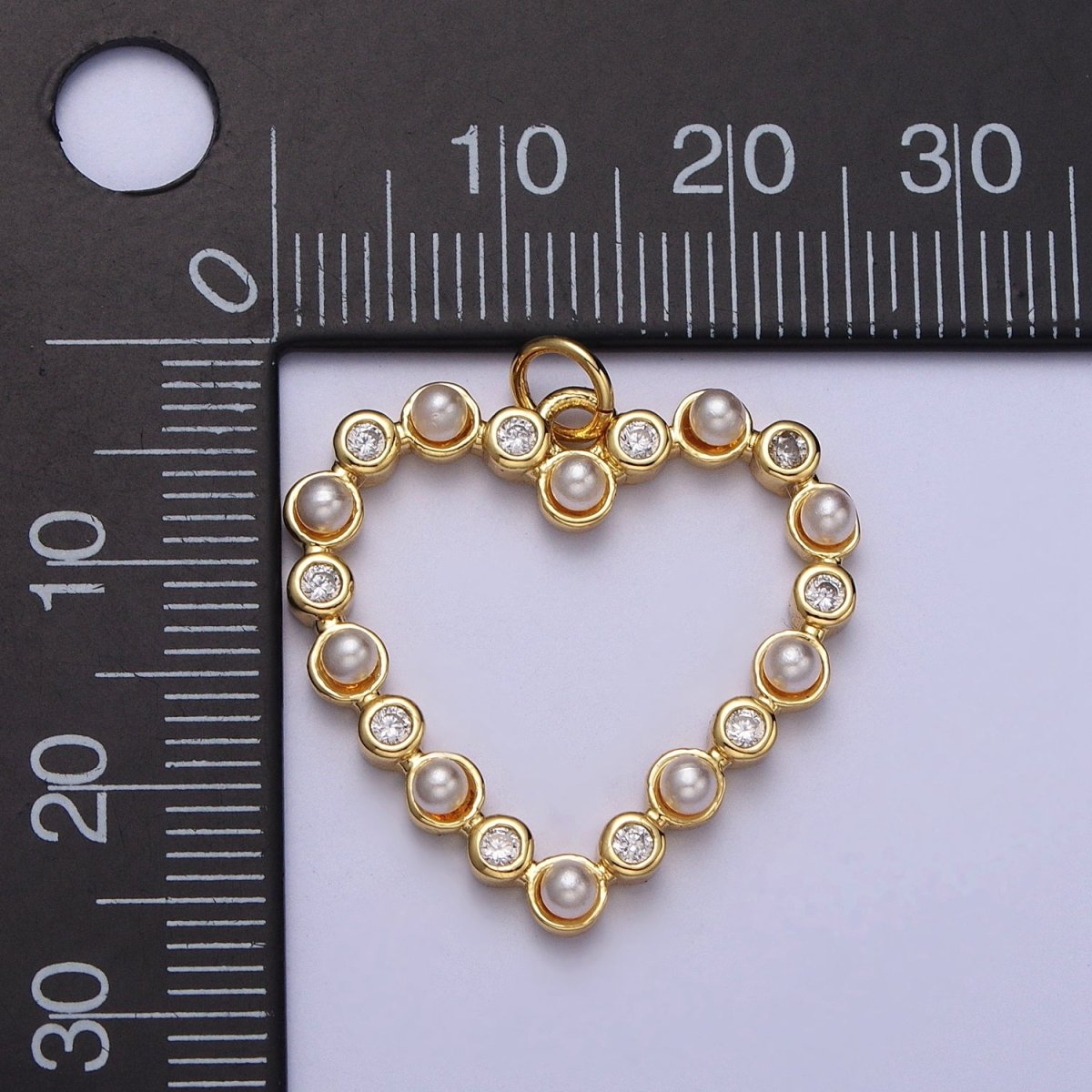Round Pearl Clear CZ Lined Open Heart Charm E-446 - DLUXCA