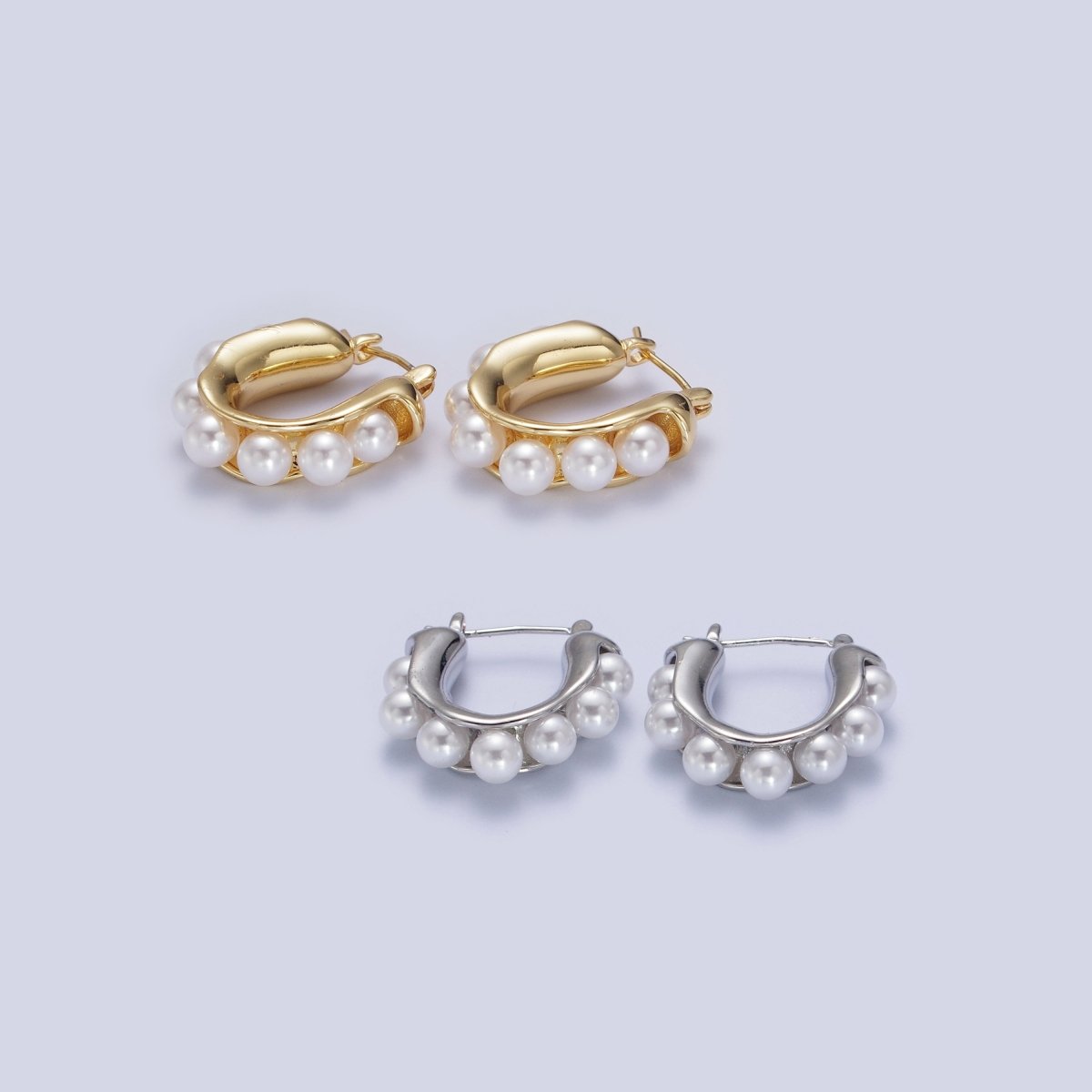 Round Pearl Lined 24.3mm Gold / Silver Latch Geometric Hoop Earrings | Y-114 Y-196 - DLUXCA