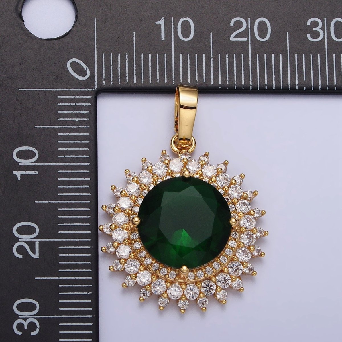 Round Sun Emerald Green CZ Clear Micro Paved Gold Pendant Celestial Jewelry | AA075 - DLUXCA