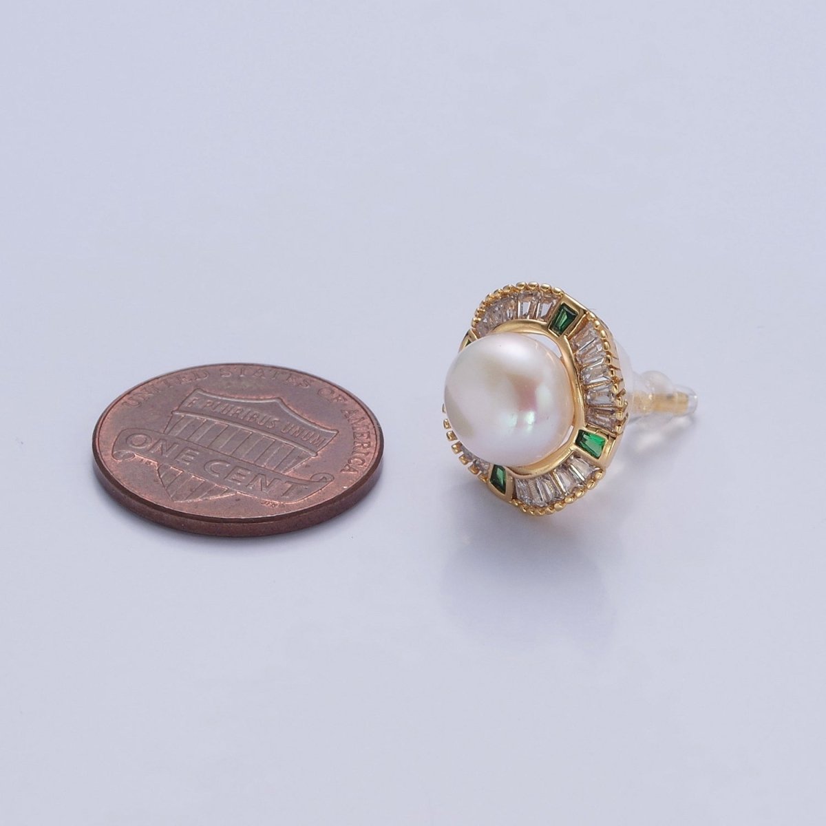 Round White Pearl Stud Earring with Gold Green Baguette Round Earring for Wedding Jewelry V-393 - DLUXCA