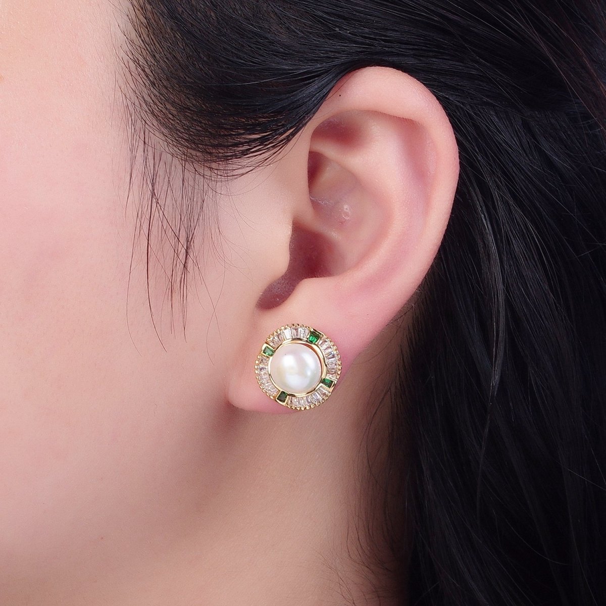 Round White Pearl Stud Earring with Gold Green Baguette Round Earring for Wedding Jewelry V-393 - DLUXCA