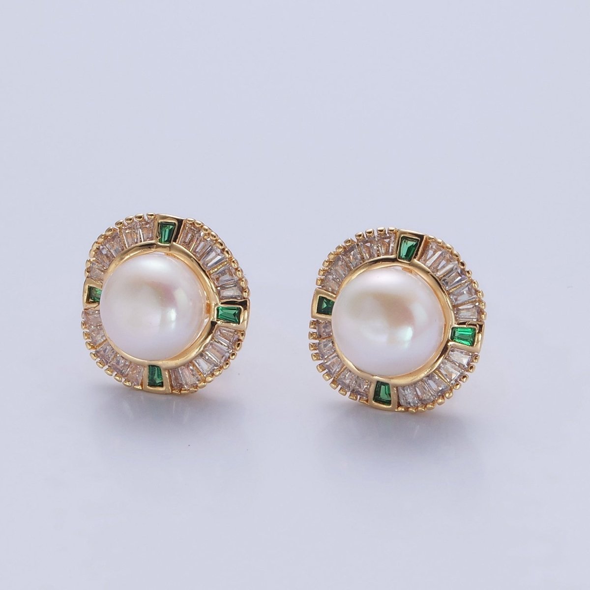 Round White Pearl Stud Earring with Gold Green Baguette Round Earring for Wedding Jewelry V-393 - DLUXCA