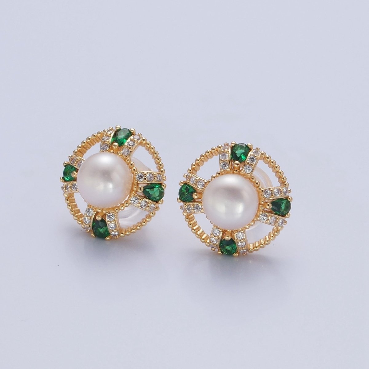 Round White Pearl Stud Earring with Gold Green Pave Round Earring for Wedding Jewelry T-533 - DLUXCA