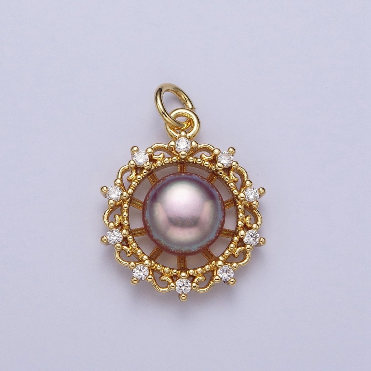 Round White / Purple Shell Pearl Celestial Wheel CZ Gold Charm | A-310 A-311 - DLUXCA