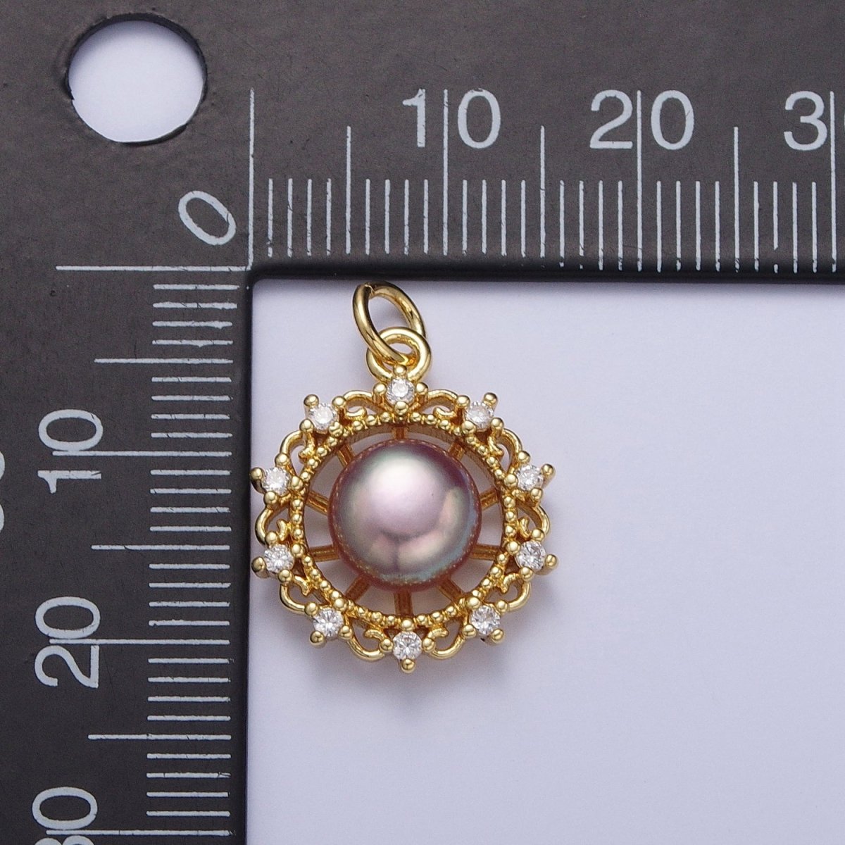 Round White / Purple Shell Pearl Celestial Wheel CZ Gold Charm | A-310 A-311 - DLUXCA