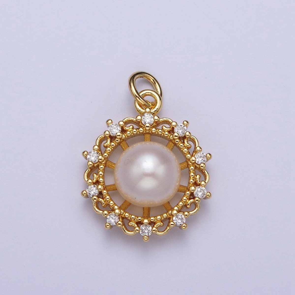 Round White / Purple Shell Pearl Celestial Wheel CZ Gold Charm | A-310 A-311 - DLUXCA