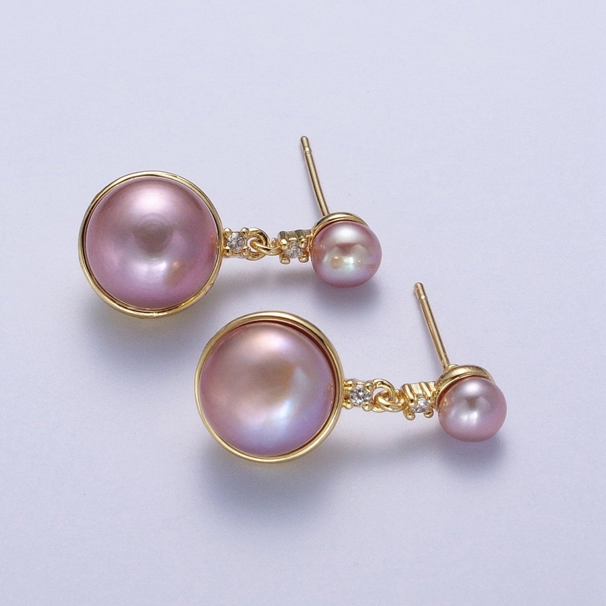 Round White / Purple Shell Pearl Dangle Drop Stud Cubic Zirconia Gold Earrings | Y-037 Y-038 - DLUXCA