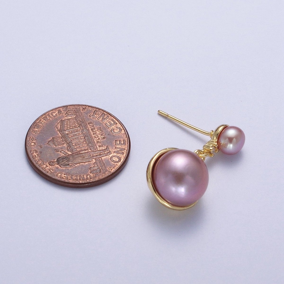 Round White / Purple Shell Pearl Dangle Drop Stud Cubic Zirconia Gold Earrings | Y-037 Y-038 - DLUXCA